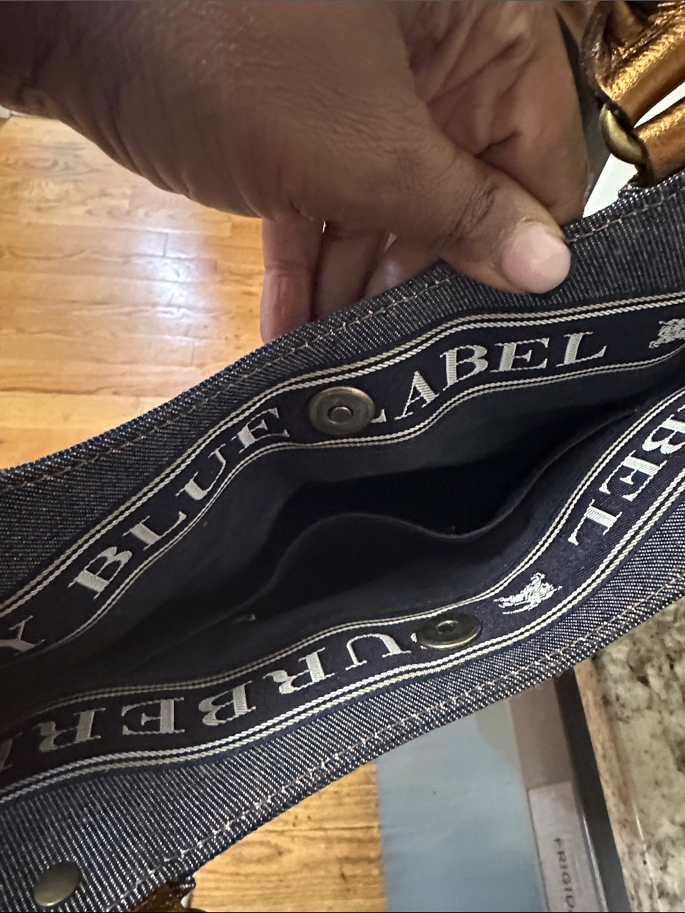 Burberry Denim Shoulder Tote in Dark Blue with Brown Accents - Picture 9 of 11